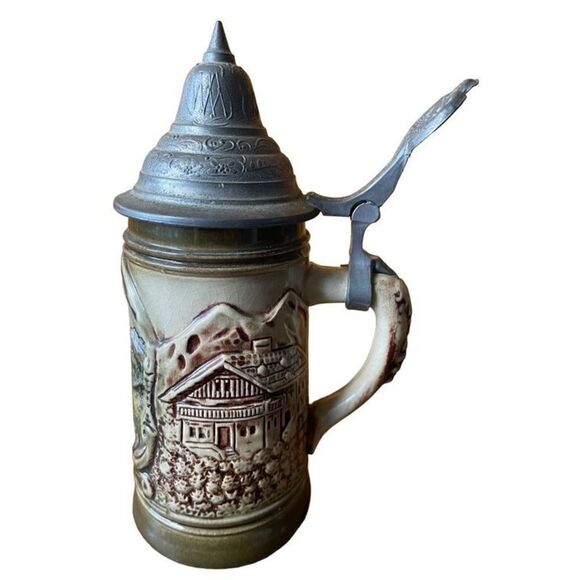 Krug Deckel 1/8 L Handpainted Handmade Small German Beer Stein Pewter Lid - Picture 1 of 11